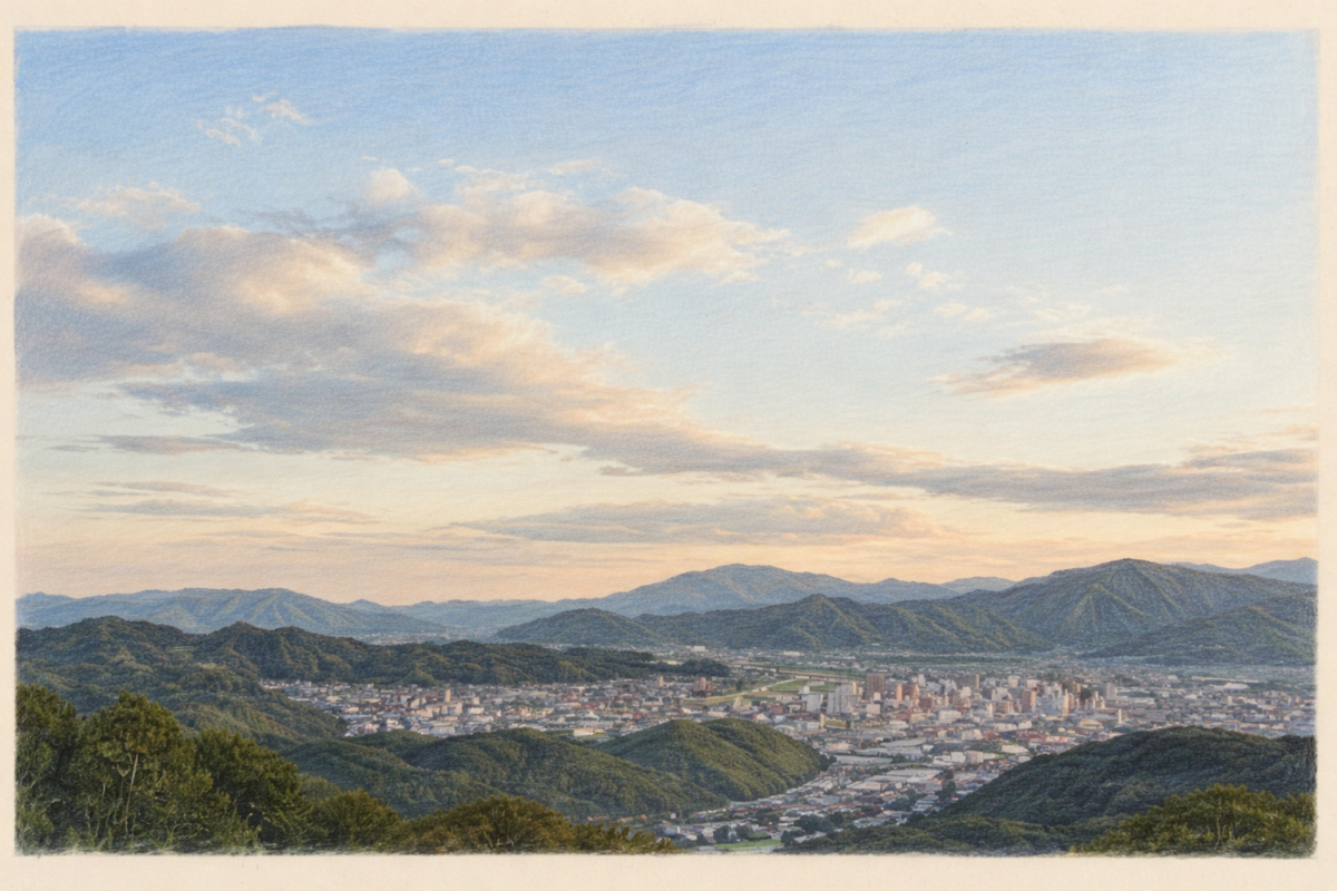 山に囲まれた街を俯瞰した風景