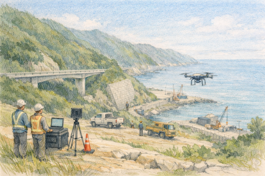 山間部の海岸沿いに広がる建設現場でドローンを飛行させ、橋梁や道路工事エリアと周辺地形を上空から測量し施工状況と安全管理を確認している様子