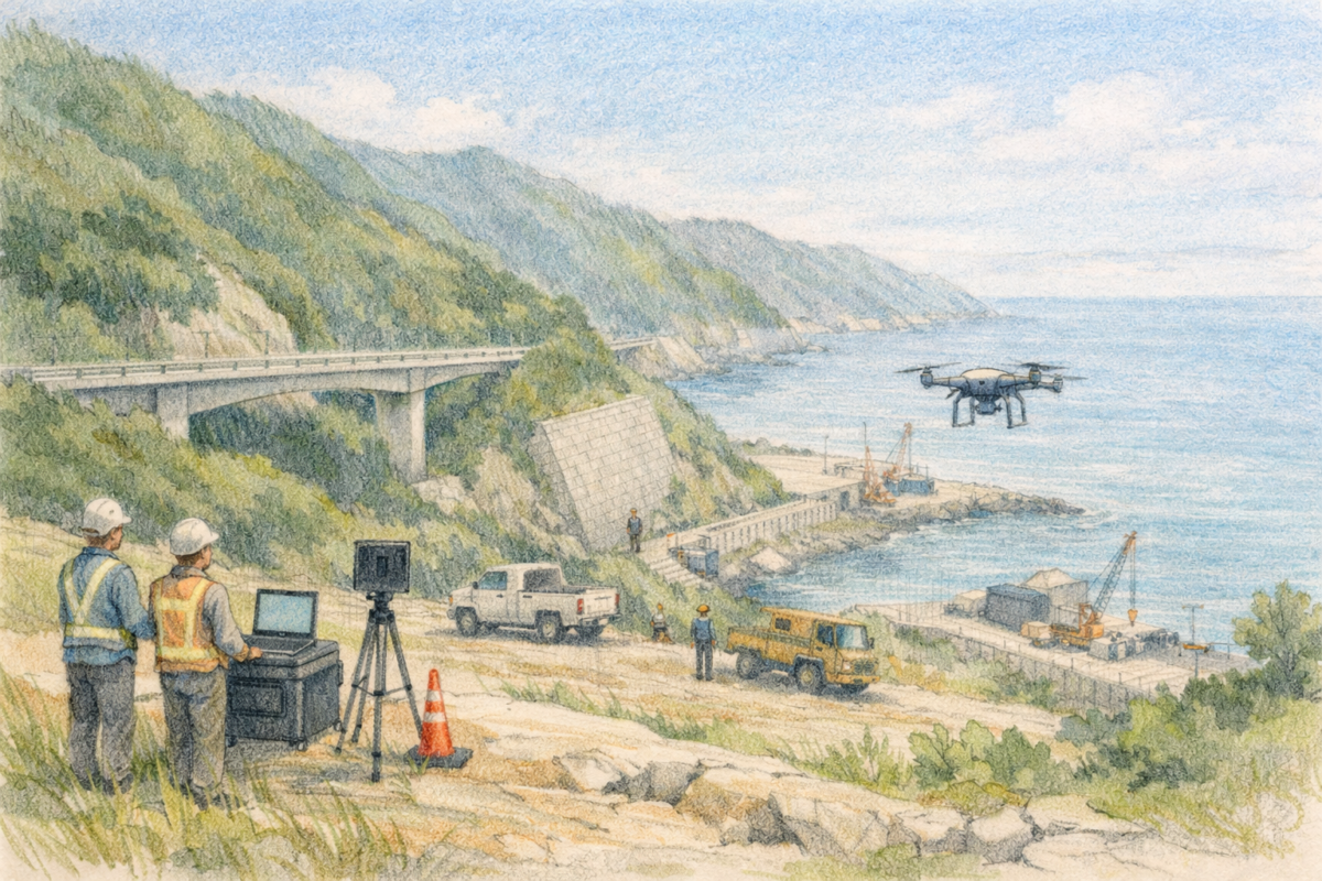山間部の海岸沿いに広がる建設現場でドローンを飛行させ、橋梁や道路工事エリアと周辺地形を上空から測量し施工状況と安全管理を確認している様子