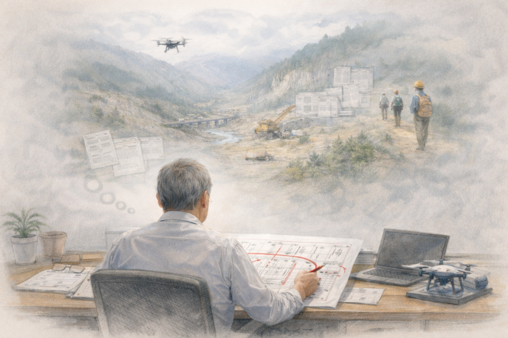 山間部の建設現場を見渡す作業員が机上のパソコンでドローンの飛行データを確認し、上空で飛行するドローンによる測量結果をもとに工事エリア全体の状況を管理している様子