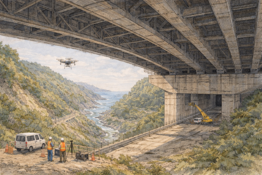 山間部の橋梁下に広がる建設現場でドローンを飛行させ、橋脚や周辺の道路工事エリアを上空から点検し施工状況と安全管理を確認している様子
