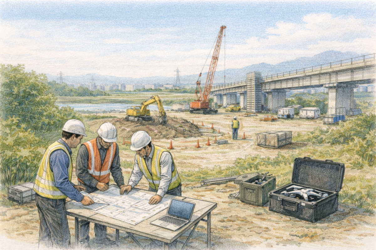 山間部の河川近くの建設現場で作業員が図面を確認しながら打ち合わせを行い、机上のモニターでドローン測量データを確認して施工状況と安全管理を共有している様子
