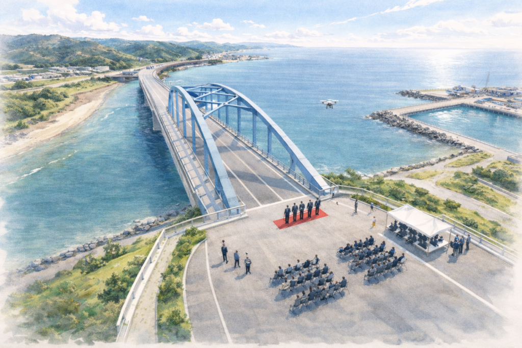 海上に架かる大規模な橋梁の建設現場を上空からドローンで点検し、橋梁構造や周辺の港湾インフラの施工状況と安全管理を確認している様子