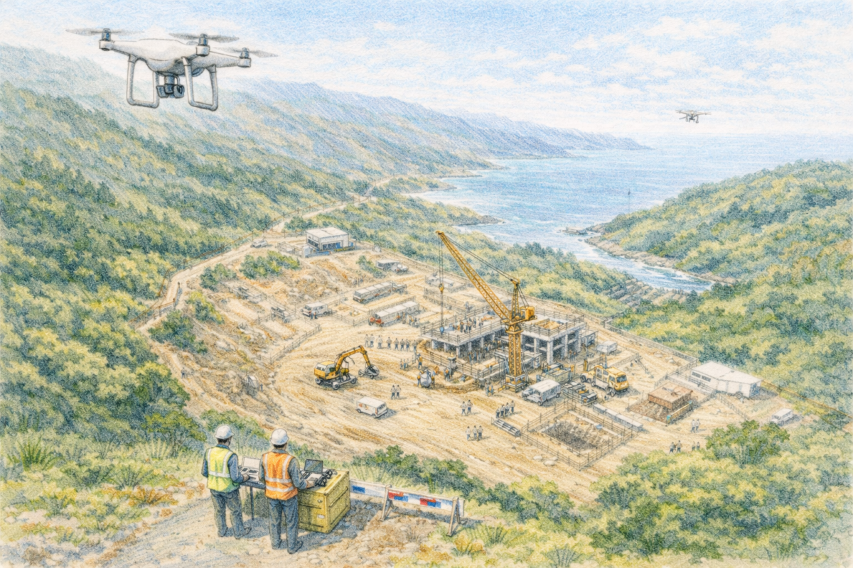 山間部の河川沿いに広がる建設現場を高台から作業員が見渡し、上空を飛行するドローンで造成エリアや重機配置を測量し施工状況と安全管理を確認している様子