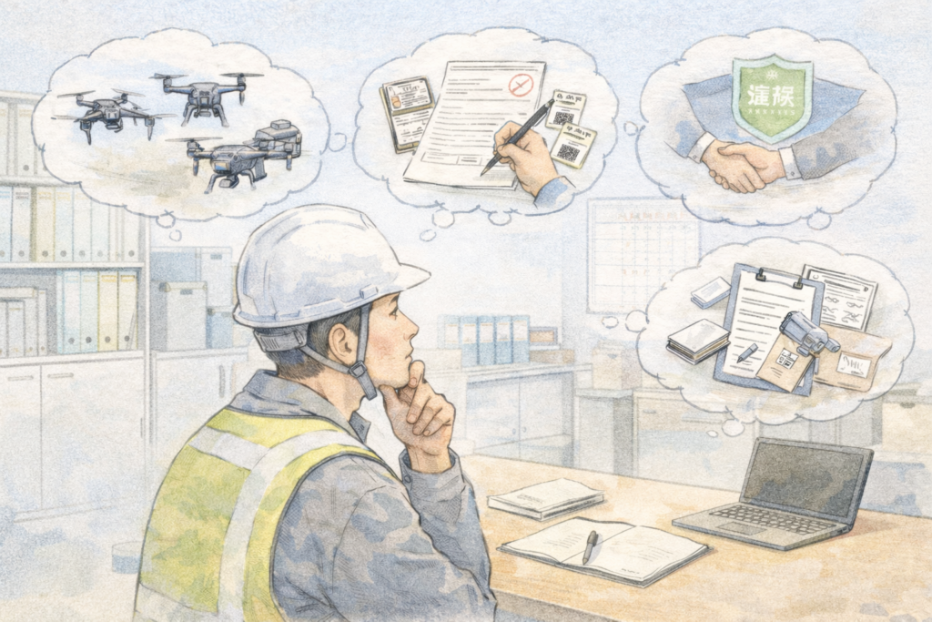 建設現場でヘルメット姿の作業員がドローン運用を検討し、飛行計画や測量手順、機体管理などを整理しながら工事現場での安全なドローン飛行を計画している様子