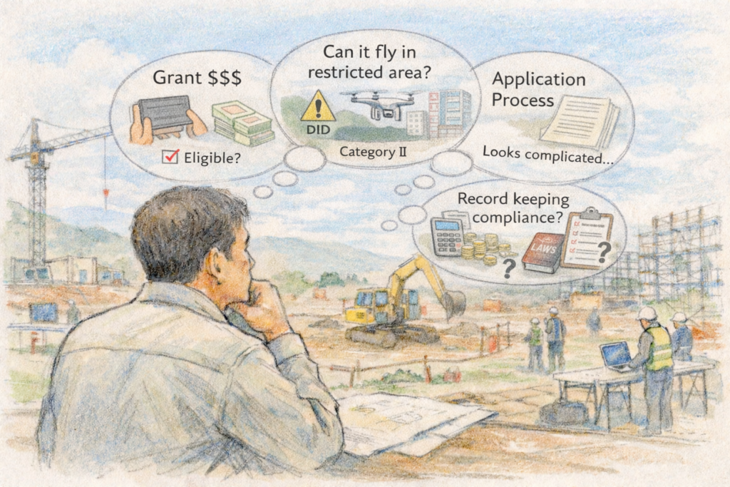 建設現場を見渡す作業員がドローン運用計画を検討し、飛行許可申請や飛行禁止区域、記録管理などの条件を整理しながら工事現場での安全なドローン飛行を計画している様子