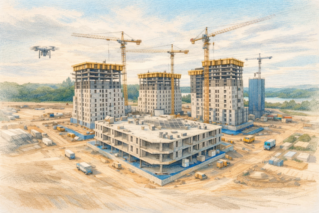 都市部の建設現場で複数のタワークレーンが稼働する高層建築工事エリアを上空からドローンで測量し、施工状況と工事現場の安全管理を確認している様子
