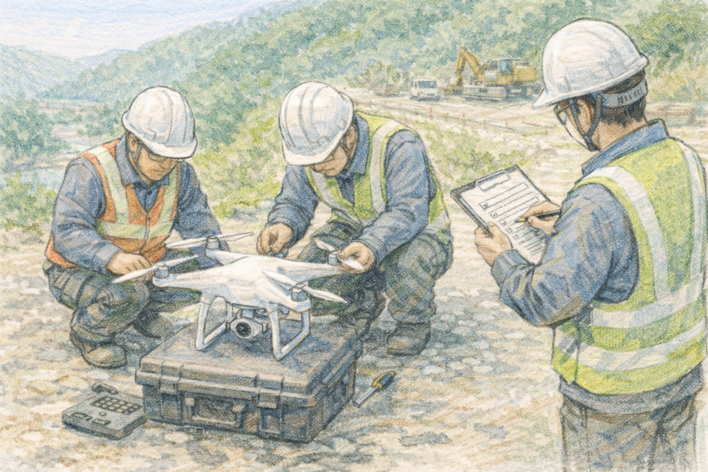 山間部の建設現場で作業員がドローン機体を整備台の上で点検し、プロペラや機体状態を確認しながら測量飛行前の安全管理と飛行準備を行っている様子