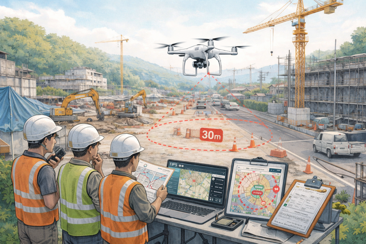 都市部の建設現場で作業員がモニターを確認しながらドローンを飛行させ、離着陸パッド上空で測量を行い工事エリア全体の施工状況と安全管理を確認している様子