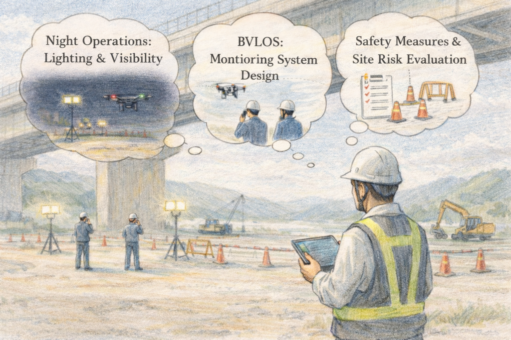 山間部の建設現場で作業員がタブレットを操作しドローンを飛行させ、遠隔監視や飛行管理システム設計を検討しながら現場の測量と安全管理計画を共有している様子