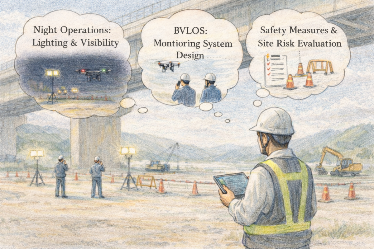 山間部の建設現場で作業員がタブレットを操作しドローンを飛行させ、遠隔監視や飛行管理システム設計を検討しながら現場の測量と安全管理計画を共有している様子