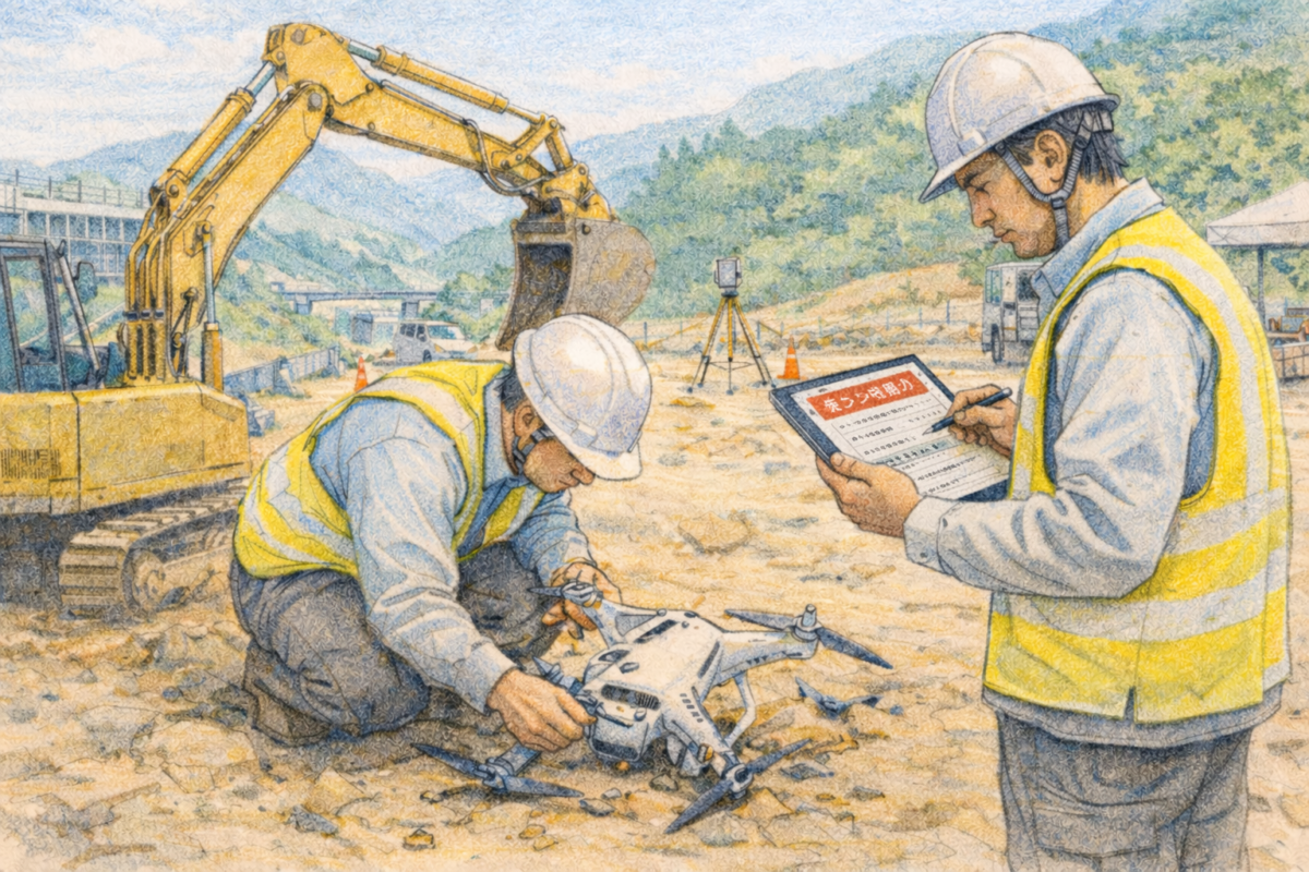 山間部の建設現場で作業員がドローン機体を点検し、タブレットで機体状態を確認しながら測量飛行前の安全管理と飛行準備を行っている様子