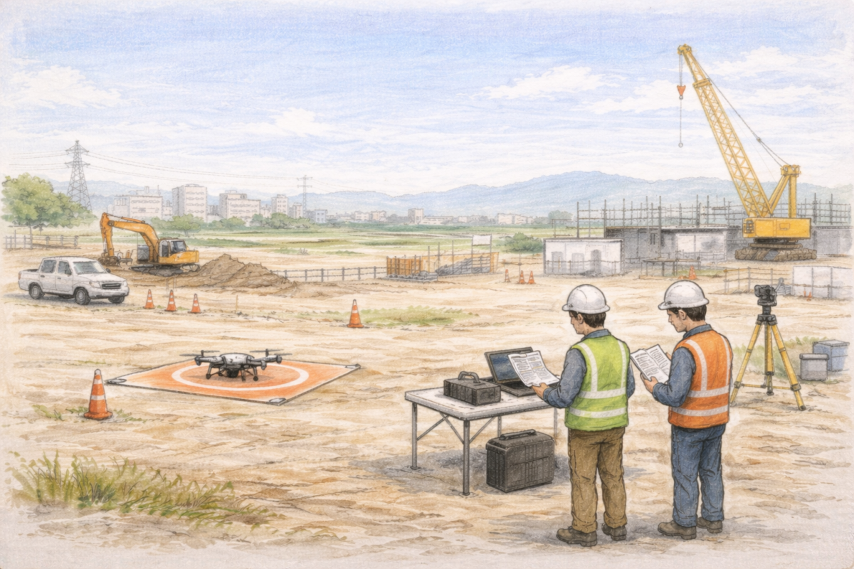 都市部の建設現場で作業員がドローンを飛行させ、離着陸パッド付近から造成エリア全体を上空から測量し施工状況と工事現場の安全管理を確認している様子