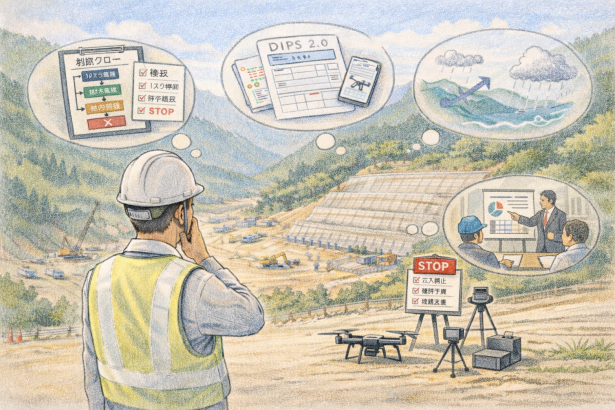 山間部の建設現場で作業員がタブレットを操作しながらドローン飛行計画を確認し、飛行禁止エリアや安全距離を設定して測量前の安全管理を行っている様子