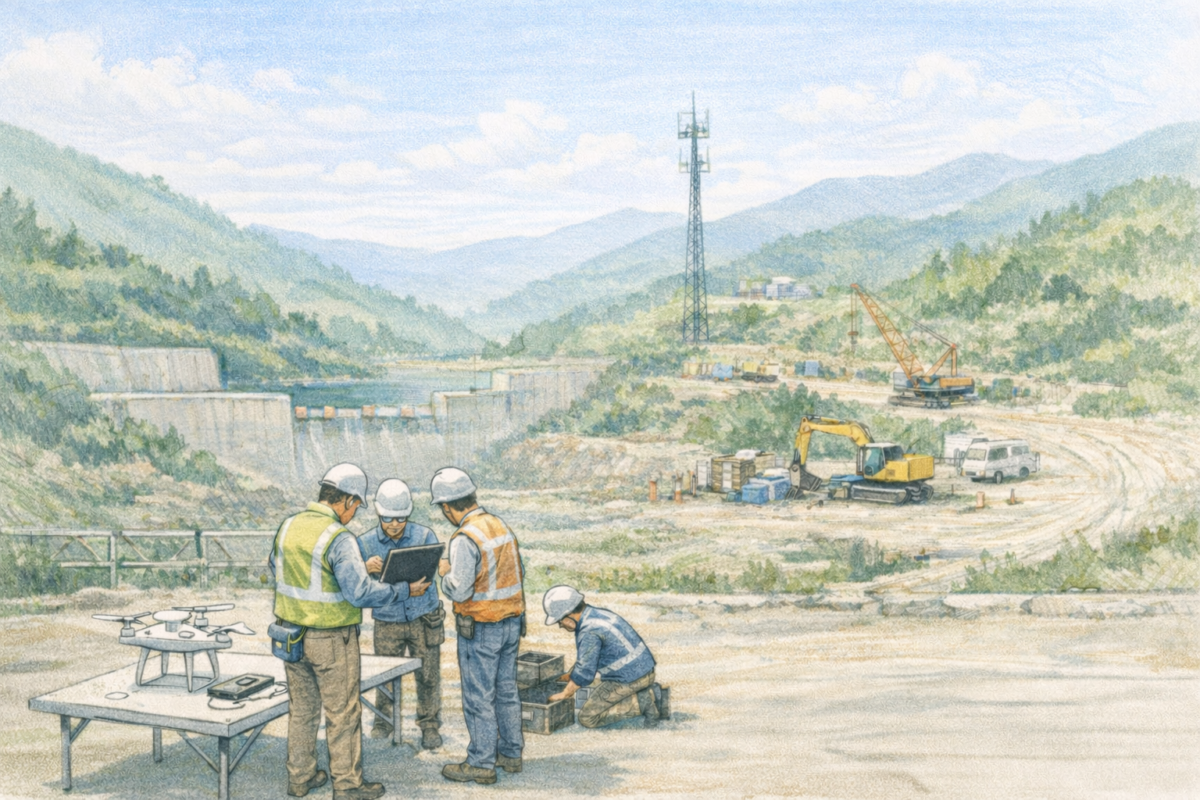 山間部の建設現場で複数の作業員がドローンを飛行させ、重機が稼働する造成エリアや周辺地形を上空から測量し施工状況と工事現場の安全管理を確認している様子