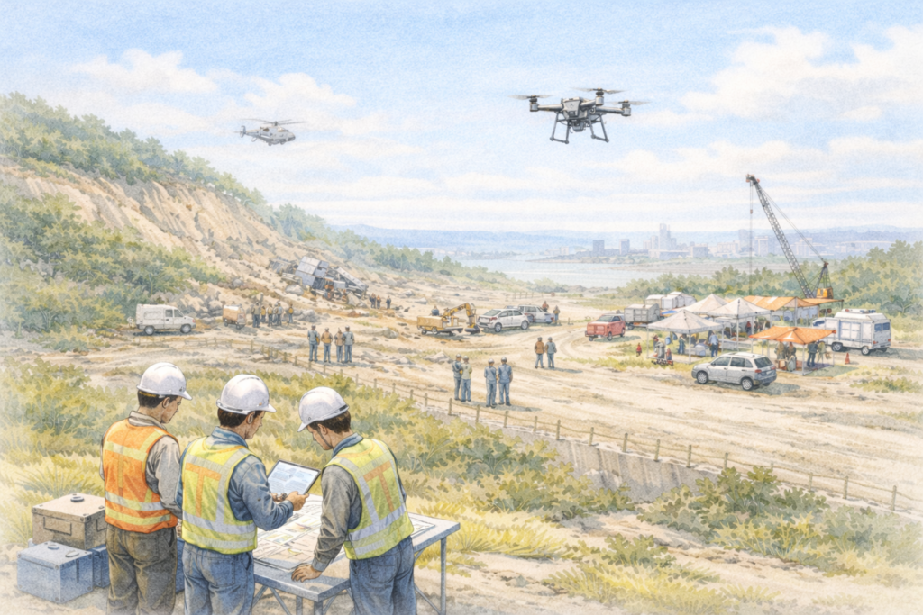 山間部の建設現場で作業員がドローンを飛行させ、重機が稼働する造成エリアや工事用道路周辺の地形を上空から測量し施工状況と安全管理を確認している様子
