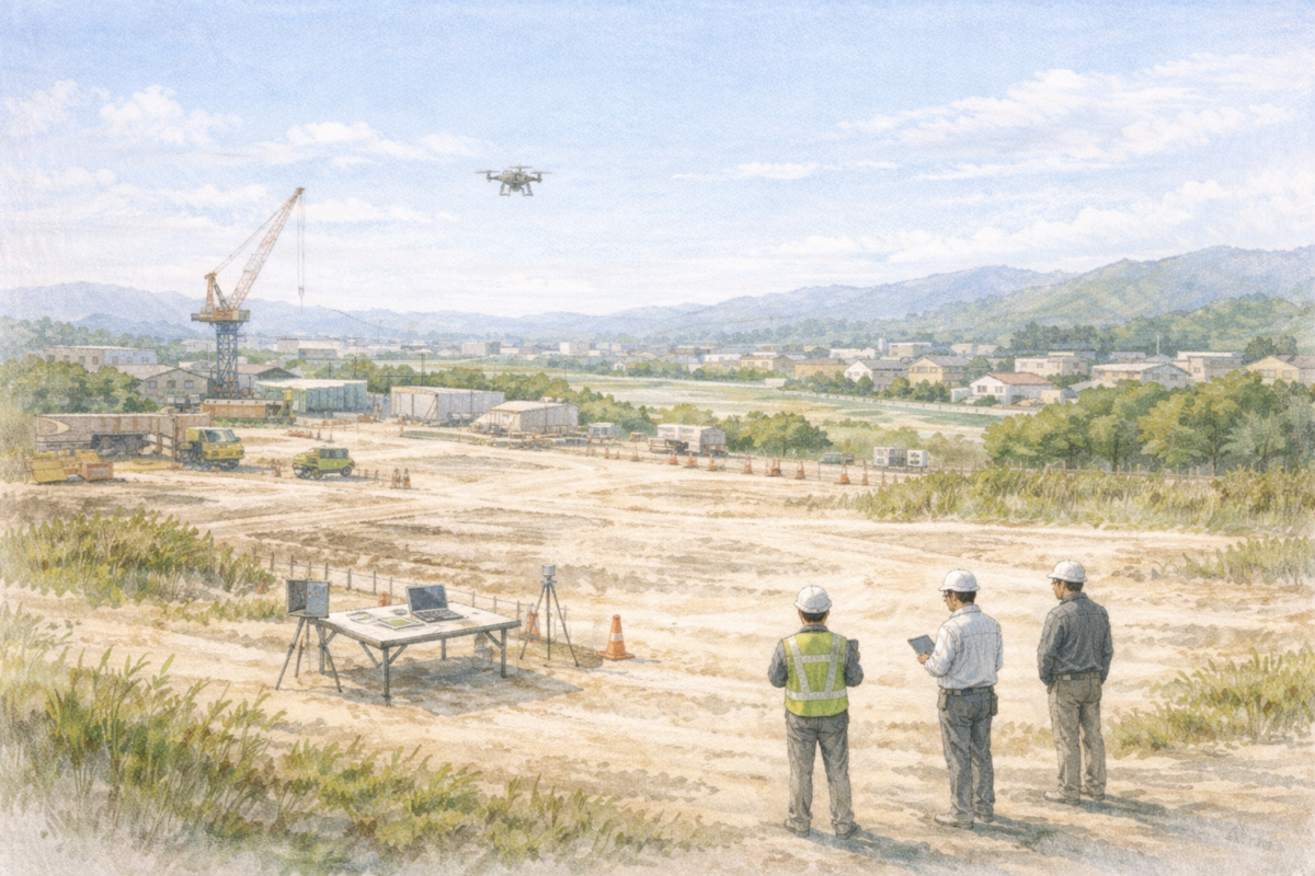 山間部の広い建設現場を高台から作業員が見渡し、上空を飛行するドローンで造成地や周辺地形を測量し工事エリア全体の施工状況と安全管理を確認している様子