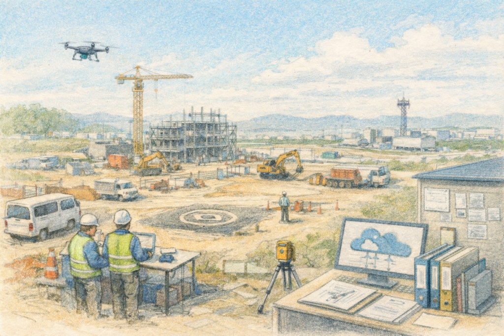 都市部の建設現場で作業員がドローンを飛行させ、クレーンや重機が稼働する造成エリアを上空から測量し施工状況と安全管理を確認している様子