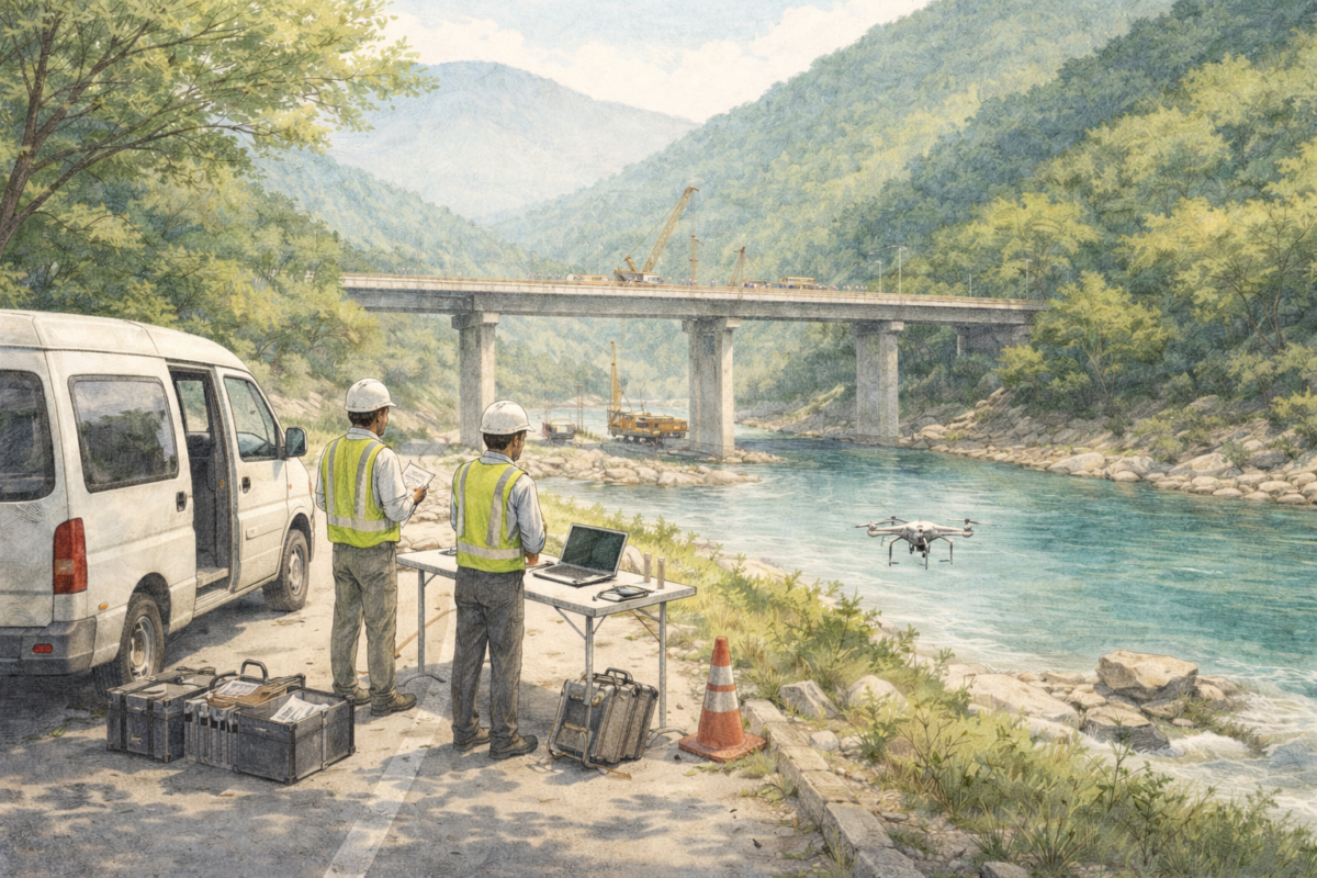 河川沿いの建設現場で作業員がドローンを飛行させ、橋梁周辺の構造物や河川敷の状況を上空から点検しインフラ工事の進捗と安全管理を確認している様子