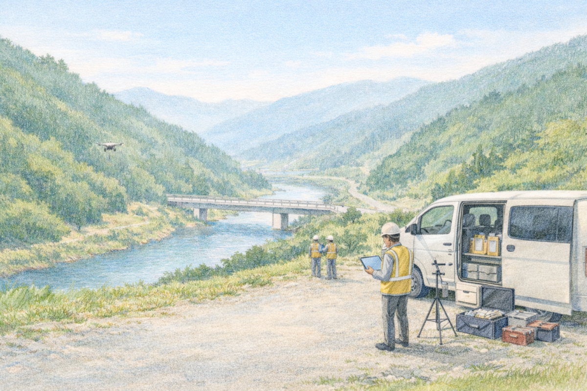 山間部の河川沿いに広がる建設現場で作業員がドローンを飛行させ、橋梁周辺の地形や工事エリアを上空から測量し施工状況と安全管理を確認している様子