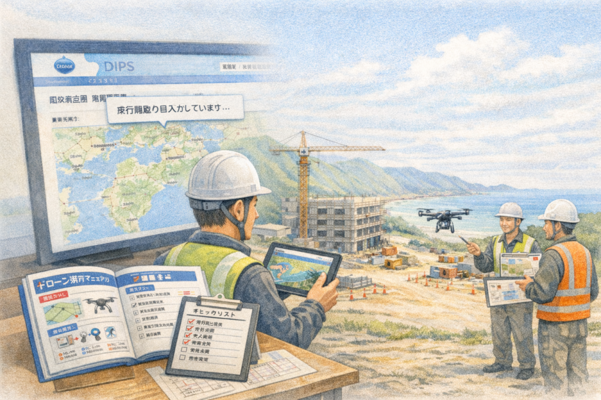 山間部の建設現場で作業員がタブレットを操作しながらドローンを飛行させ、飛行許可申請や測量データを確認しつつ工事エリア全体の施工状況と安全管理を行っている様子