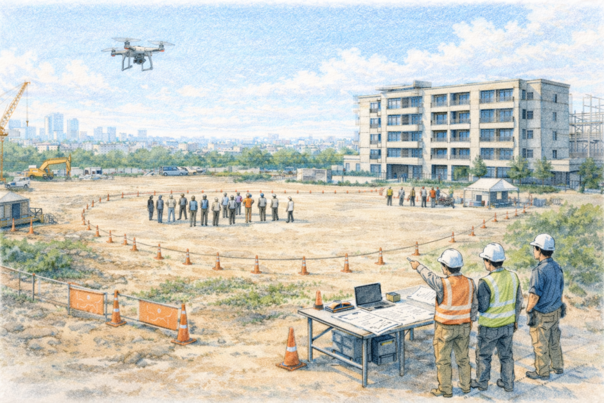 都市部の建設現場で作業員がドローンを飛行させ、造成中の工事エリアと周囲の建物を上空から測量し施工状況と安全管理を確認している様子