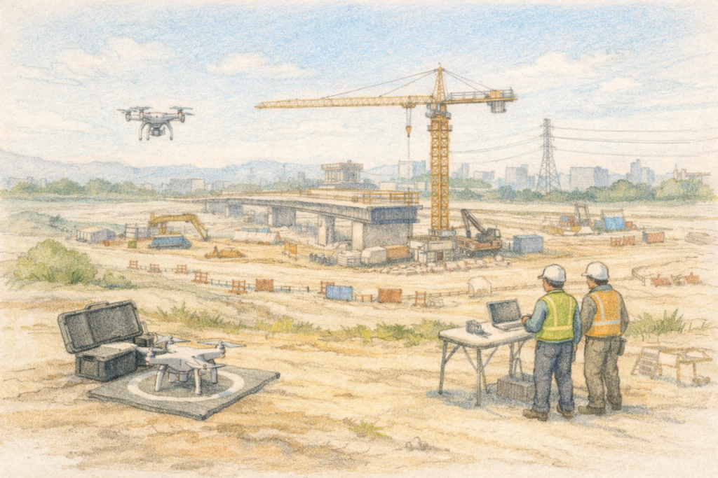 都市部の建設現場で作業員が机上のモニターを確認しながらドローンを飛行させ、クレーンが稼働する工事エリアを上空から測量し施工状況と安全管理を確認している様子