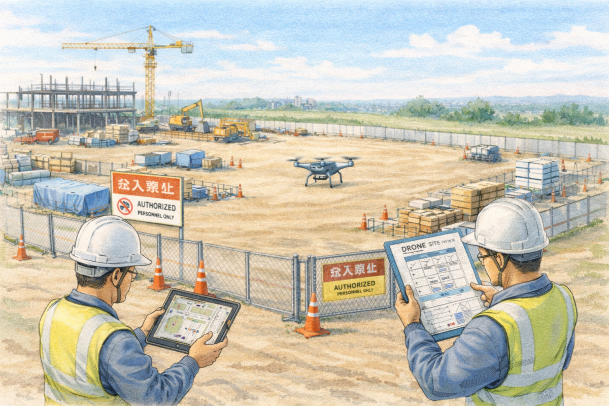 都市部の建設現場で作業員がタブレットを操作しながらドローンを飛行させ、離着陸エリアを確保した工事現場内で測量と施工状況の確認、安全管理を行っている様子