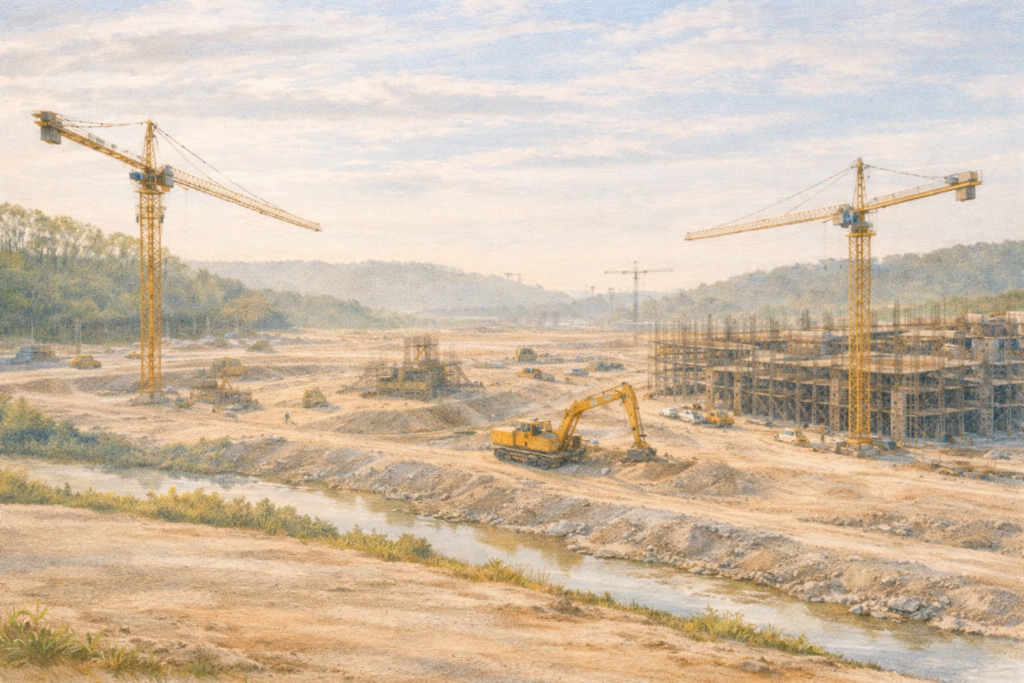 河川沿いの建設現場で重機が河川改修工事を進める中、造成された工事エリアや周辺地形の施工状況をドローン測量で確認しながら安全管理を行っている様子