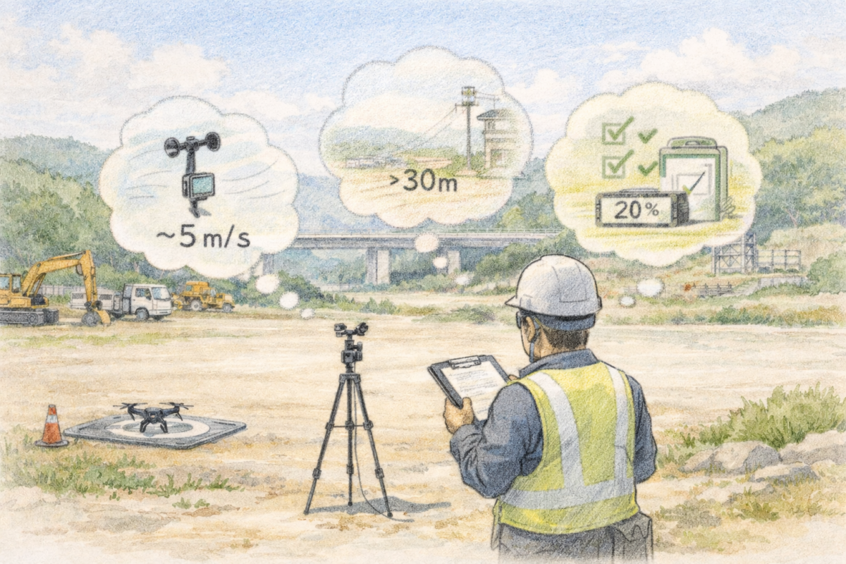 建設現場で作業員がドローンを飛行させる前に風速5m/s以下・高度30m以内・バッテリー残量などの飛行条件を確認し、安全管理のもとで測量準備を行っている様子