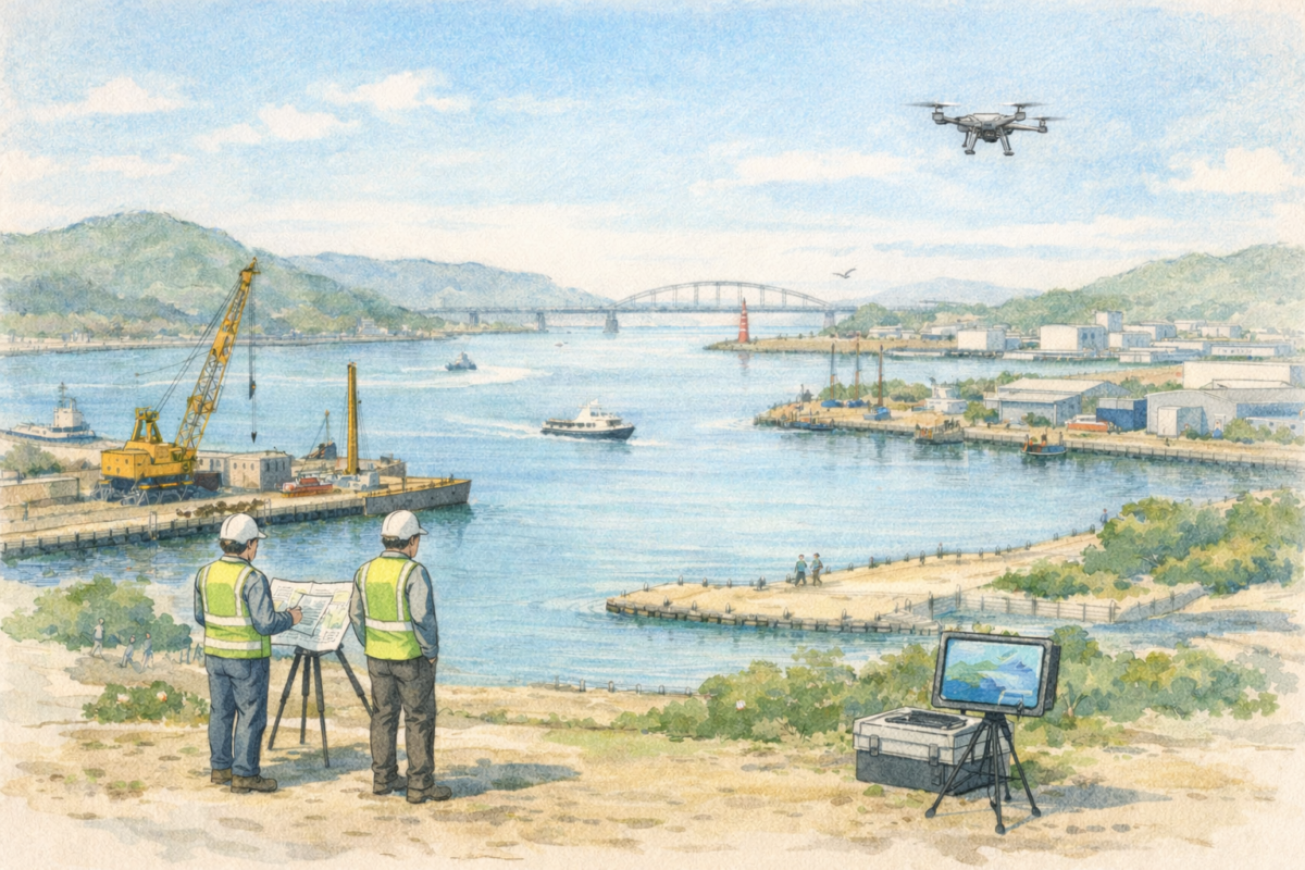 港湾の建設現場で作業員2人がドローンを飛行させ、海上の橋梁工事エリアや作業船周辺の施工状況を上空から点検し安全管理を確認している様子