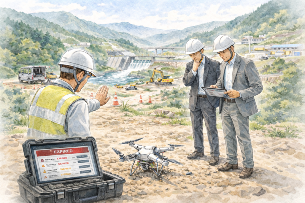 山間部の建設現場で作業員がドローンを飛行させて地形を測量し、タブレットやモニターで取得データを確認しながら施工エリアの状況と安全管理を共有している様子