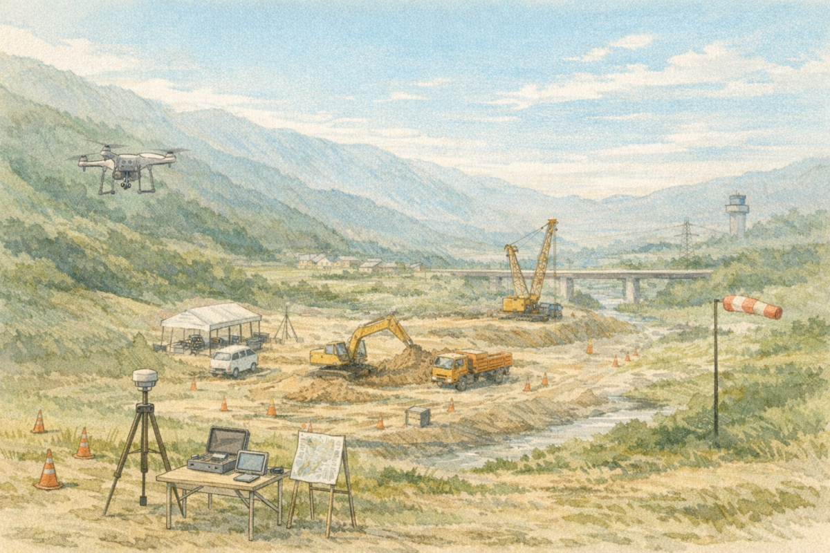 山間部の広い建設現場でドローンを飛行させ、重機が稼働する造成エリアや橋梁予定地周辺の地形を上空から測量し工事進捗と安全管理を確認している様子