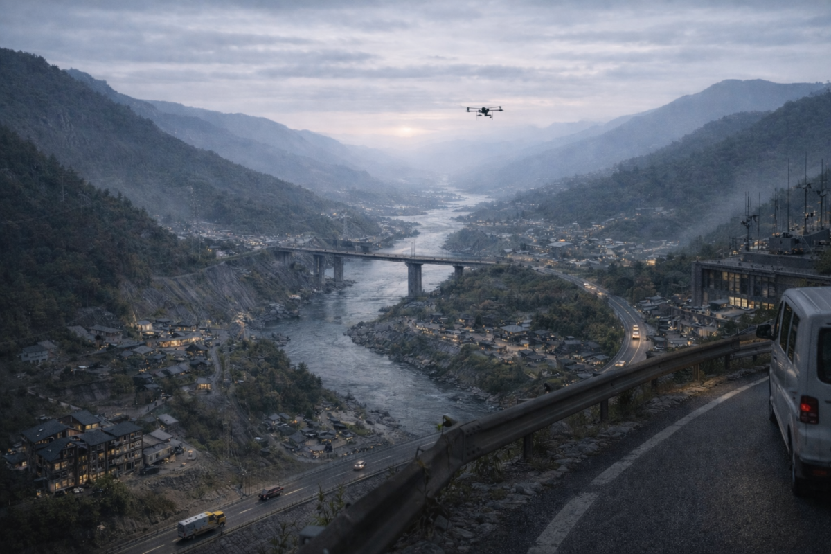 山間の都市河川に架かる橋周辺の工事現場でドローンを飛行させ、橋梁や道路インフラを上空から点検し周辺地形と施工状況を確認している様子