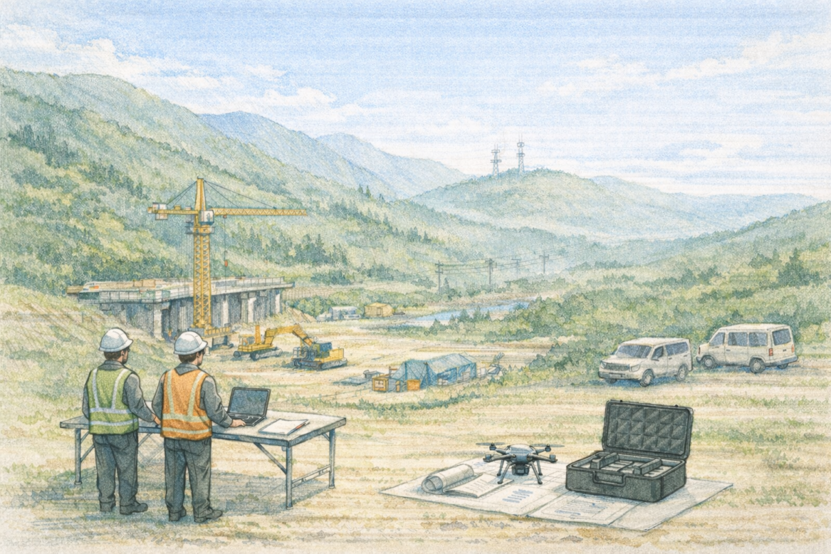 山間部の建設現場で作業員が机上のモニターでドローンの測量データを確認し、谷に架かる橋梁工事エリア全体の施工状況と地形を遠隔管理している様子