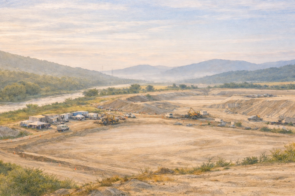 山間部に広がる大規模な建設現場を上空から確認し、造成された工事エリア全体の地形や施工範囲をドローンで測量し工事計画と安全管理を把握している様子