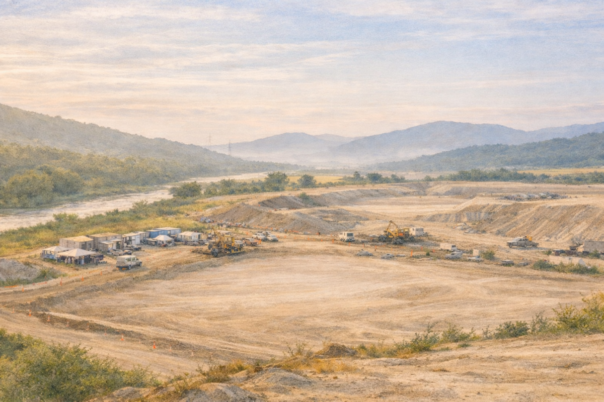 山間部に広がる大規模な建設現場を上空から確認し、造成された工事エリア全体の地形や施工範囲をドローンで測量し工事計画と安全管理を把握している様子