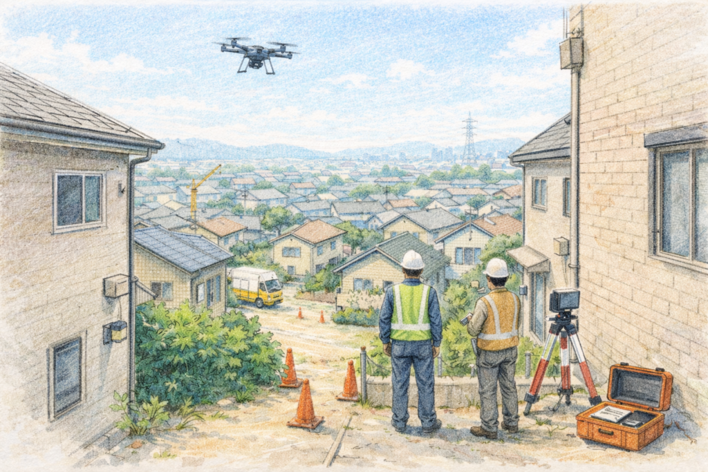 住宅地に隣接する工事現場で作業員がドローンを飛行させ、建物周辺の地形や施工エリアを上空から測量し工事進捗と安全管理を確認している様子