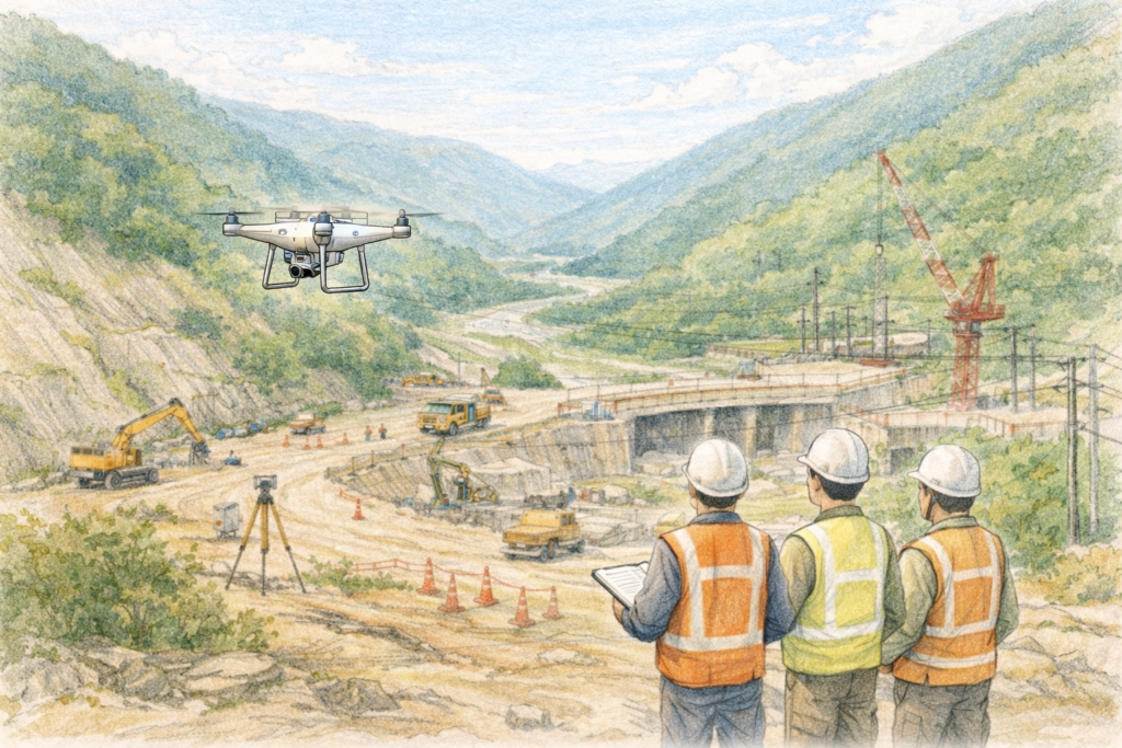 山間部の建設現場で作業員がドローンを飛行させ、重機が稼働する造成エリアと周囲の谷地形を上空から測量し施工状況と安全管理を確認している様子