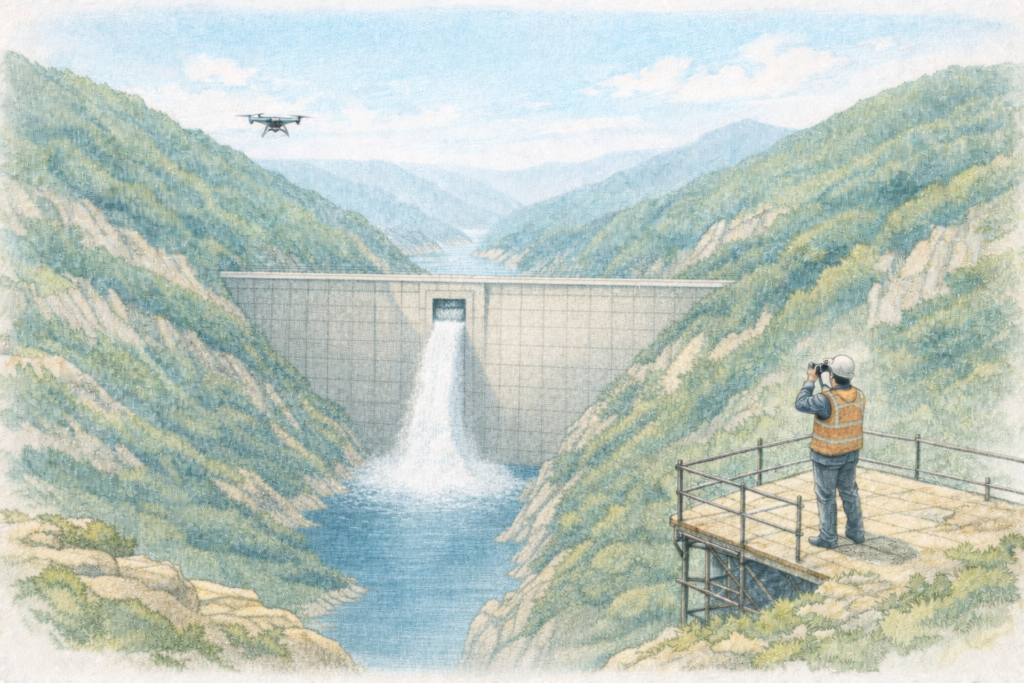 山間部のダム建設現場で作業員がドローンを飛行させ、堤体と周辺の谷地形を上空から測量しインフラ工事の施工状況と安全管理を確認している様子