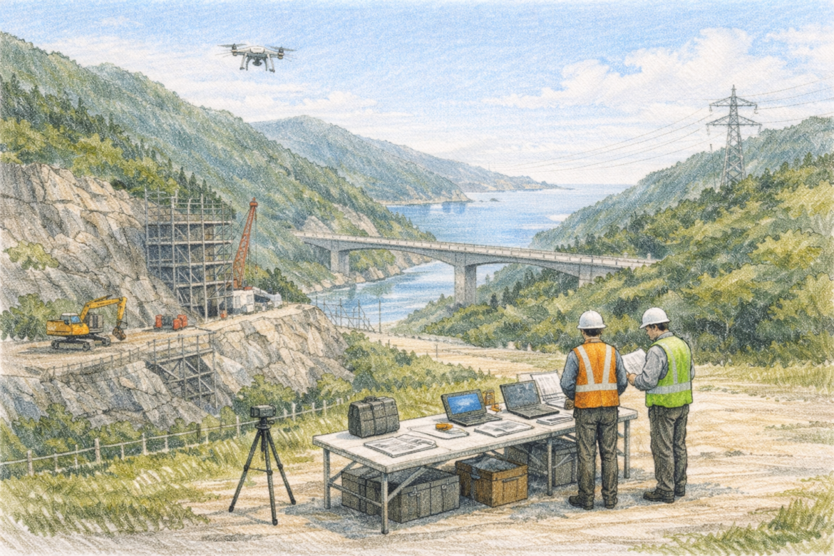 山間部の河川沿いに広がる建設現場で作業員がドローンを飛行させ、橋梁工事エリアや重機が稼働する造成地を上空から測量し施工状況と安全管理を確認している様子
