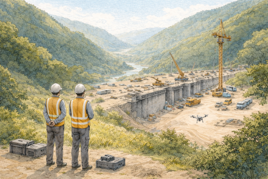 山間部の大規模な建設現場を高台から見渡し、ヘルメット姿の作業員2人がクレーンや造成エリアの配置を確認しながら工事進捗と現場の安全管理状況を点検している様子