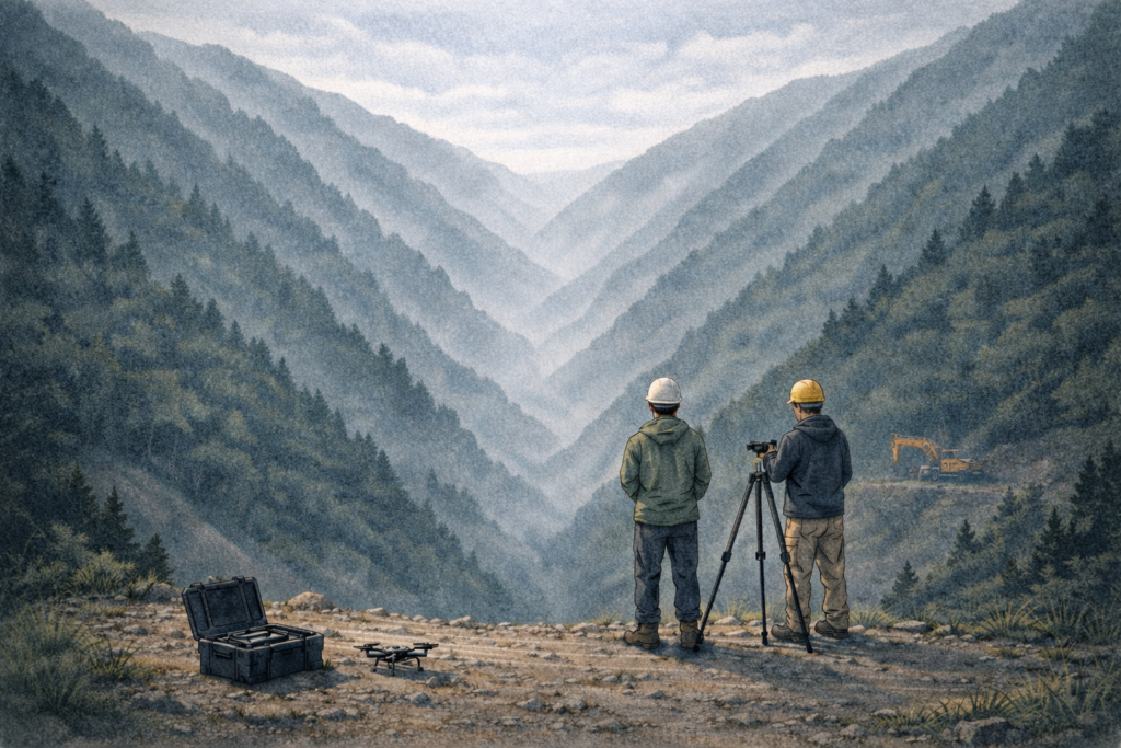 山間部の建設現場でヘルメット姿の作業員2人がドローンを飛行させ、谷あいの広い地形を上空から測量し工事に向けた地形データを確認している様子