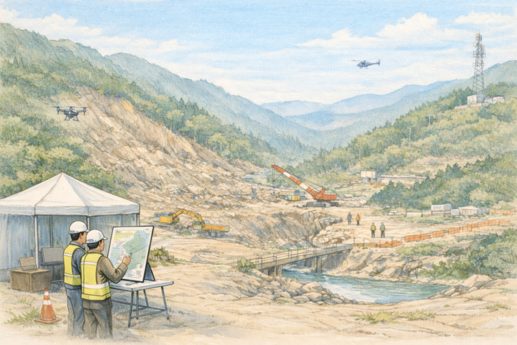 山間部の河川沿いに広がる建設現場で作業員がドローンを飛行させ、谷に沿った造成工事エリアと周辺地形を上空から測量し施工状況と安全管理を確認している様子