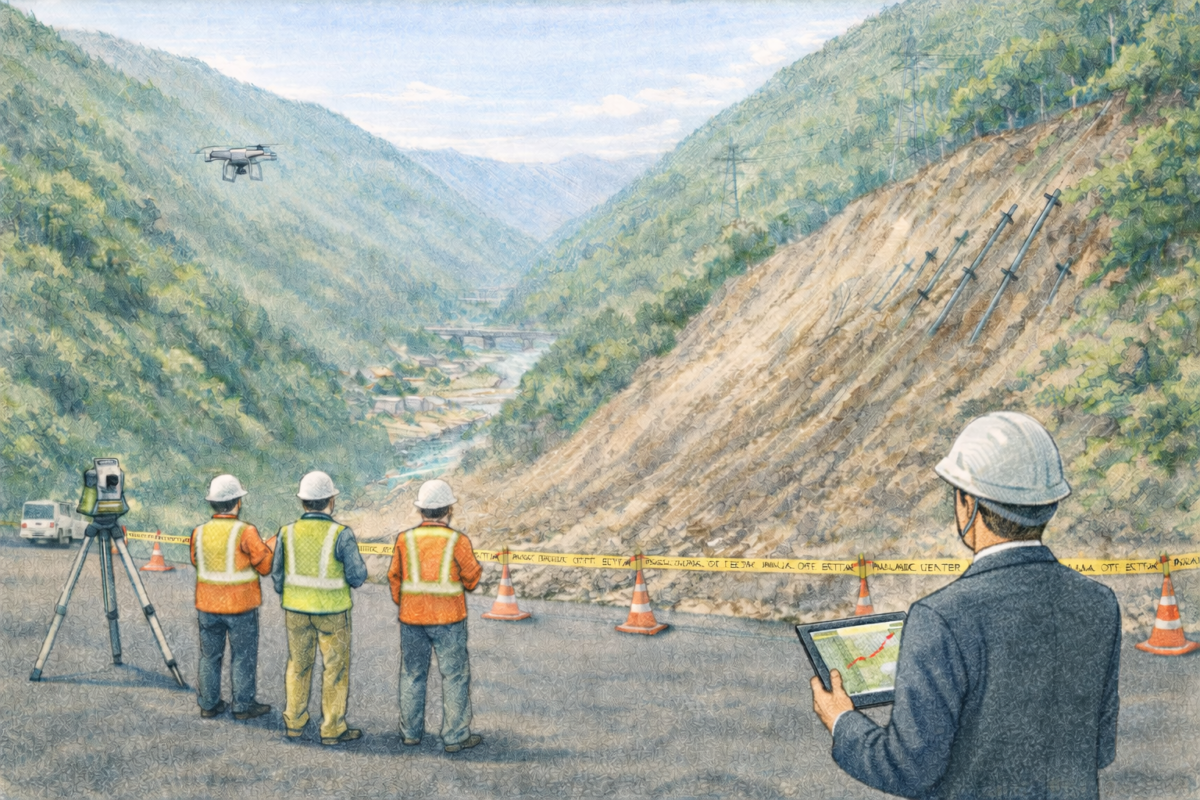 山間部の建設現場で複数の作業員が立ち会う中、操縦者がドローンを飛行させ、谷あいの造成工事エリア全体を上空から測量し施工状況と安全管理を確認している様子