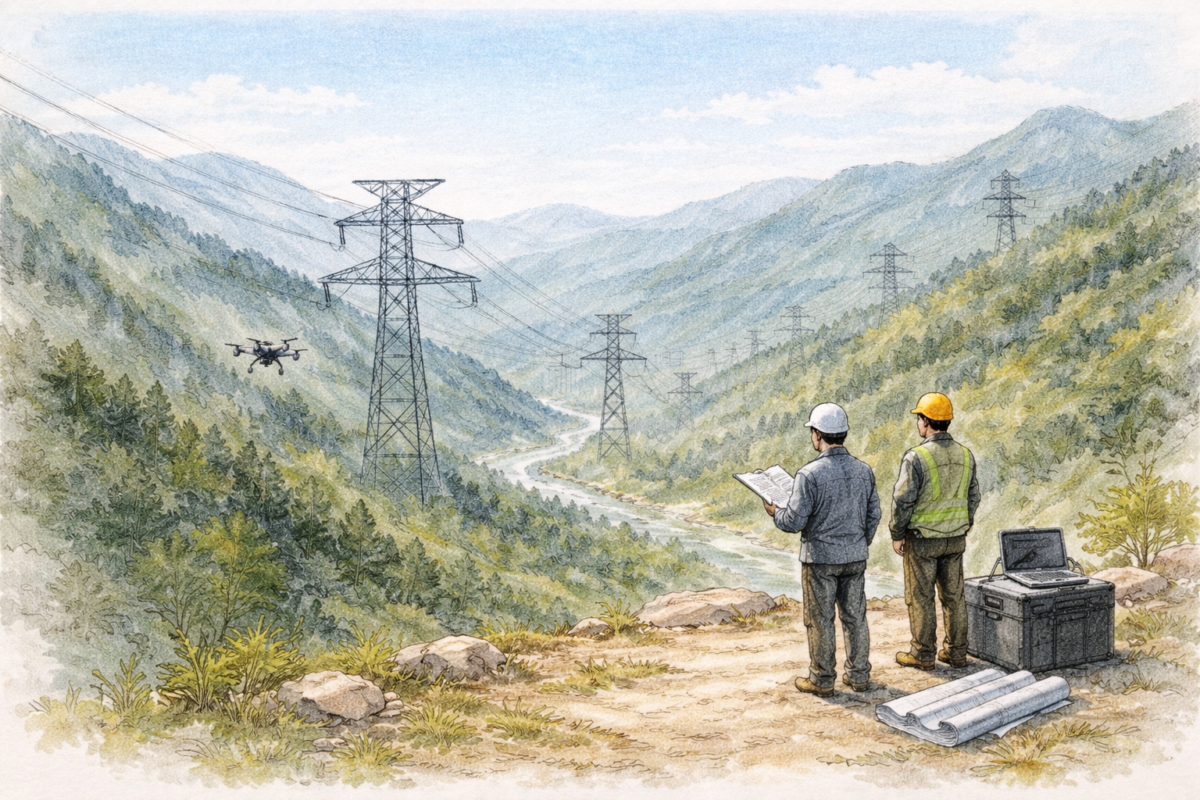 山間部の送電線建設現場を高台から作業員が確認し、ドローンを飛行させて鉄塔や送電線ルート周辺の地形を上空から測量し施工状況と安全管理を点検している様子