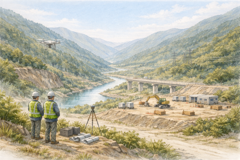 山間部の河川沿いに広がる建設現場を高台から作業員が見渡し、橋梁建設エリアや重機の配置を確認しながらドローンで地形測量と施工状況の安全管理を行っている様子