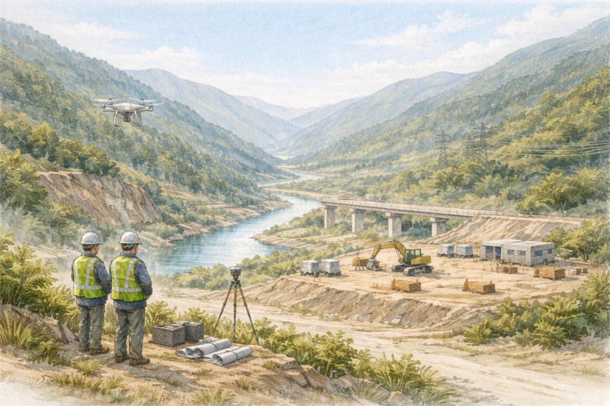 山間部の河川沿いに広がる建設現場を高台から作業員が見渡し、橋梁建設エリアや重機の配置を確認しながらドローンで地形測量と施工状況の安全管理を行っている様子
