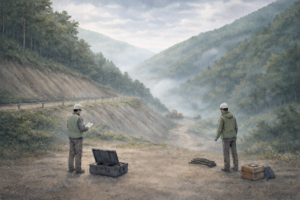 山間部の工事現場でヘルメット姿の作業員2人がドローンを飛行させ、造成中の道路法面や谷地形を上空から測量し地形状況を確認している様子