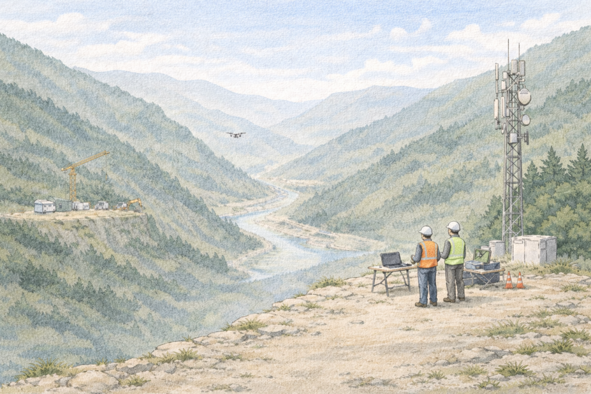 山間部の建設現場で作業員2人がドローンを飛行させ、谷沿いに広がる造成予定地や道路周辺の地形を上空から測量し、工事計画と施工エリアの安全管理状況を確認している様子